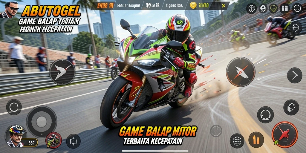 Screenshot utama ABUTOGEL menampilkan aksi balap motor yang mendebarkan di lintasan.