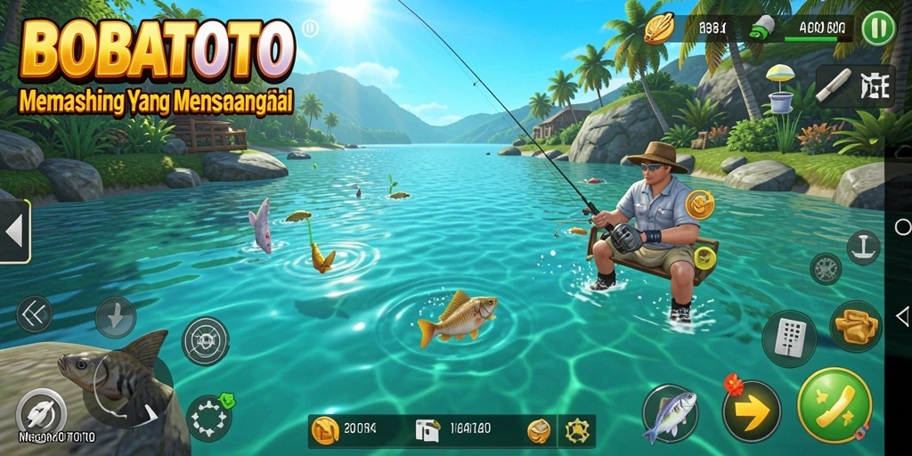 Tampilan gameplay seru dalam BOBATOTO yang menggambarkan aktivitas memancing.
