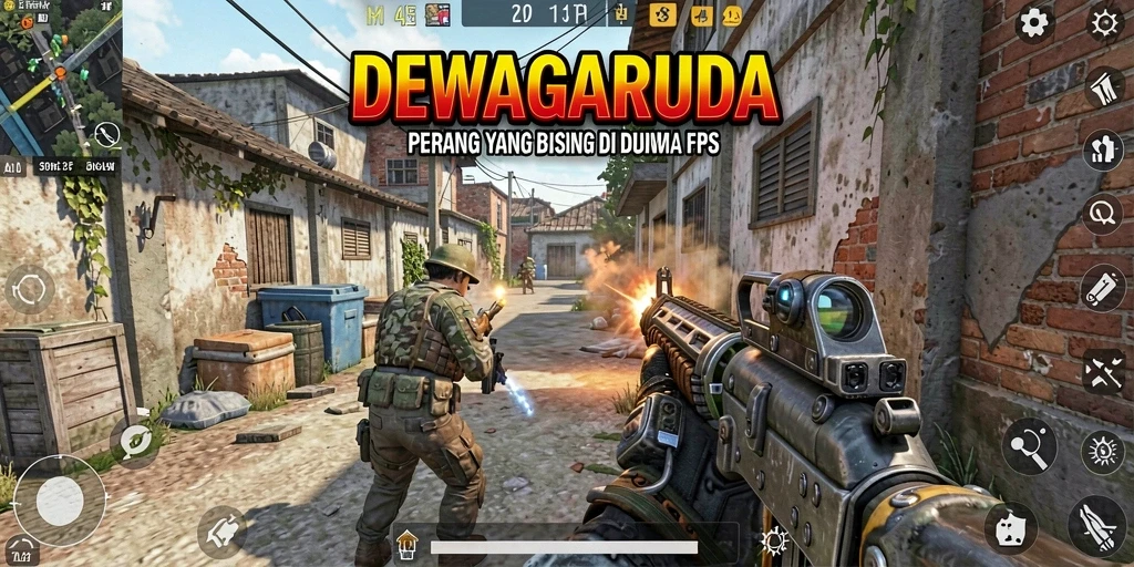 Tangkapan layar gameplay <strong>DEWAGARUDA</strong> menunjukkan aksi menembak yang intens.