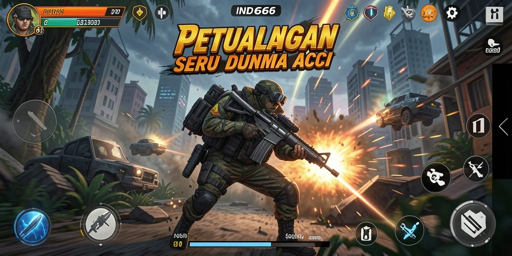 Tangkapan layar utama IND666 menunjukkan aksi seru dalam pertarungan melawan musuh.