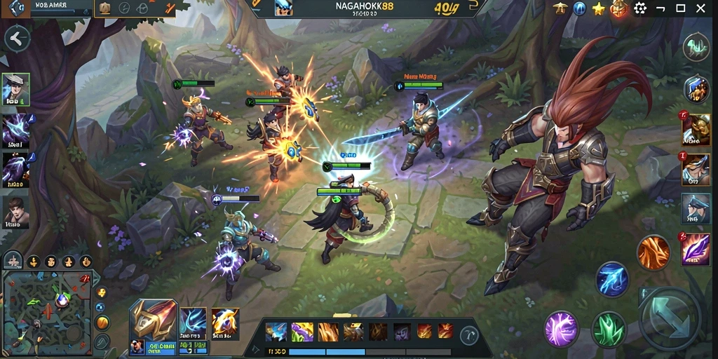 Tampilan gameplay seru di NAGAHOKI88 dengan aksi MOBA intens.