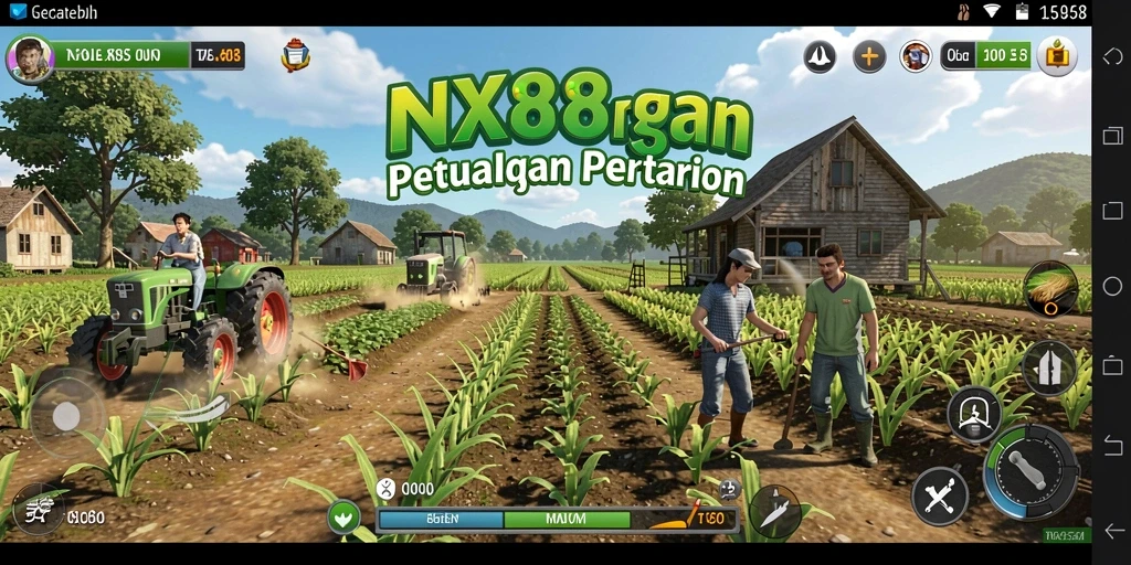 Tampilan gameplay NX888 menunjukkan peternakan penuh warna dan aktivitas bertani.