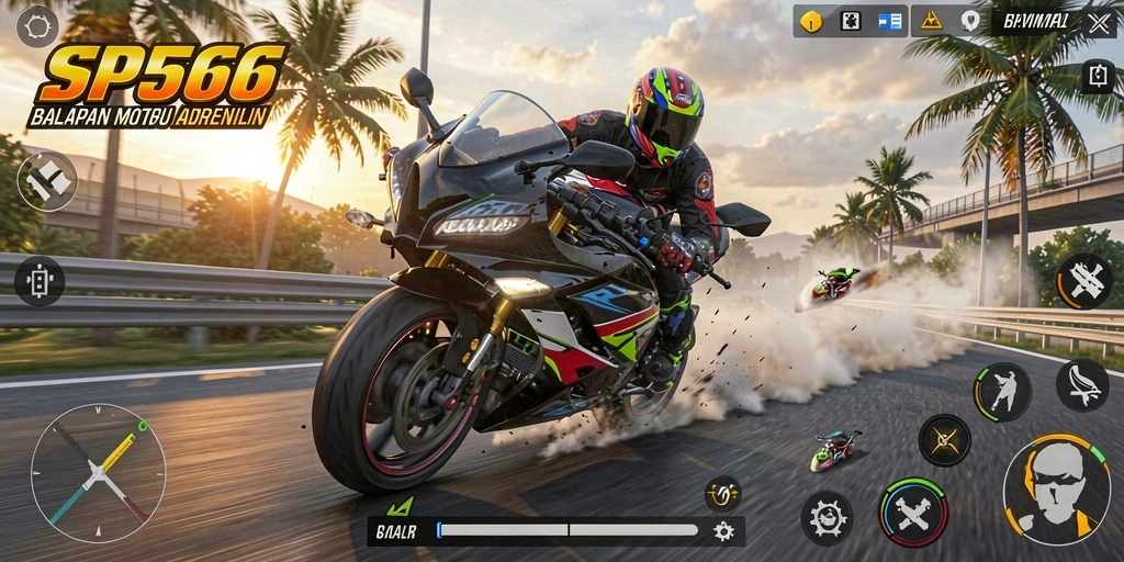 Tampilan gameplay SP666 yang seru dan mendebarkan saat balapan motor.